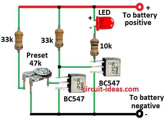 Simple Low Battery Indicator Circuit Diagram Using Two Transistors