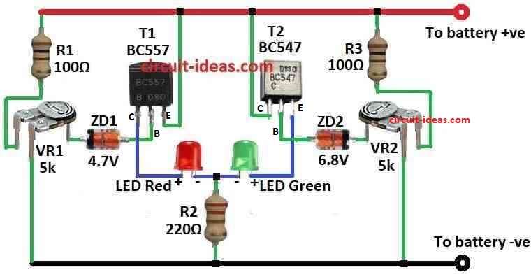 Simple 2 LED Battery Status Indicator Circuit Diagram