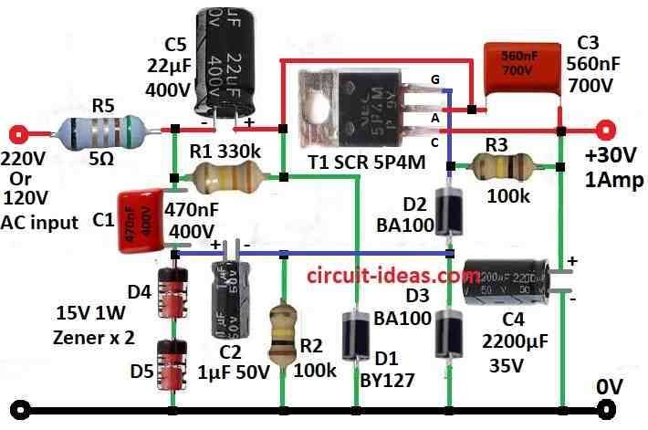 Simple Transformerless Power Supply 30V 1Amp Circuit Diagram