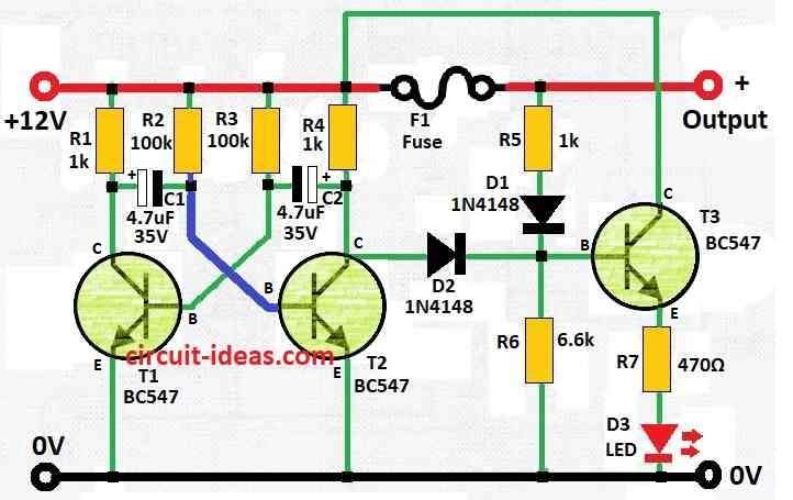 Simple Blown Fuse Indicator Circuit with Flashing LED Diagram