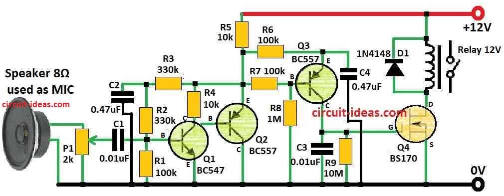 Simple Clap Switch Circuit Diagram using Speaker as MIC