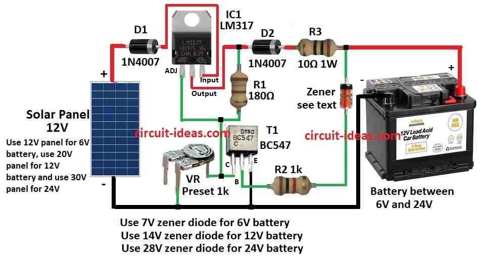 Simple LM317 Solar Charger Circuit Diagram with Auto Cut off
