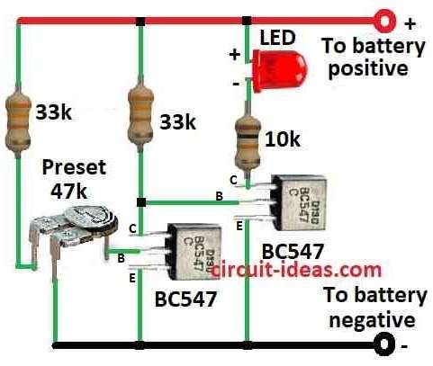 Simple Low Battery Indicator Circuit Diagram using Two Transistors