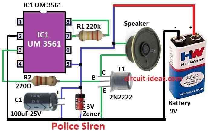 Simple Multi Siren Tones Circuit Diagram using IC UM3561
