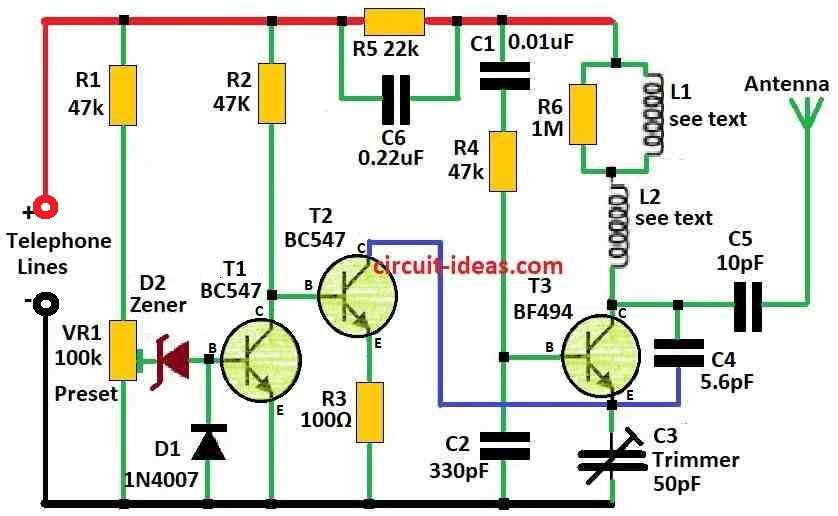Simple Spy Phone Bug Transmitter Circuit Diagram