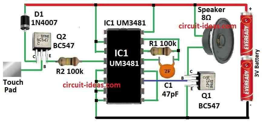 Simple Touch Controlled Musical Door Bell Circuit Diagram