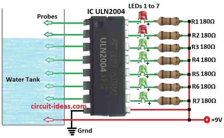 Simple Water Level Indicator Circuit Diagram using IC ULN2004