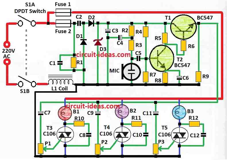 Simple Music Controlled 220V Light Circuit Diagram