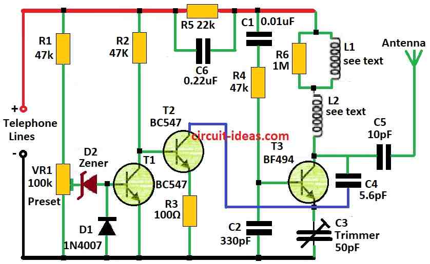 Simple Spy Phone Bug Transmitter Circuit Diagram