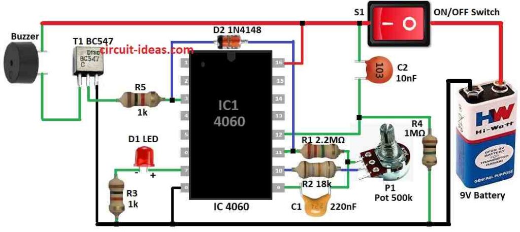 Simple Timer Circuit Diagram with Alarm using IC 4060