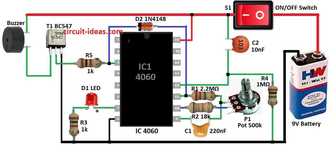 Simple Timer Circuit with Alarm using IC 4060 - Circuit Ideas for You