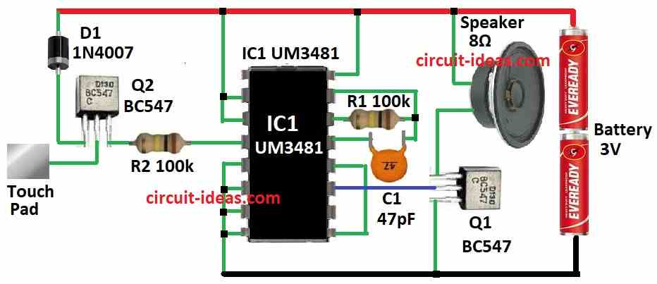 Simple Touch Controlled Musical Door Bell Circuit Diagram