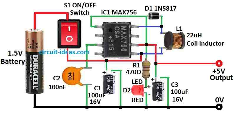 Simple 1.5V to 5V Voltage Converter using IC MAX756 Diagram