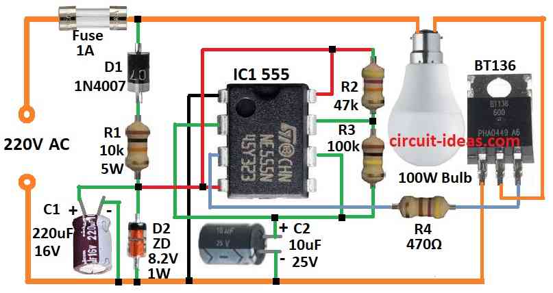 Simple 220V Lamp Flasher Circuit Diagram using IC 555