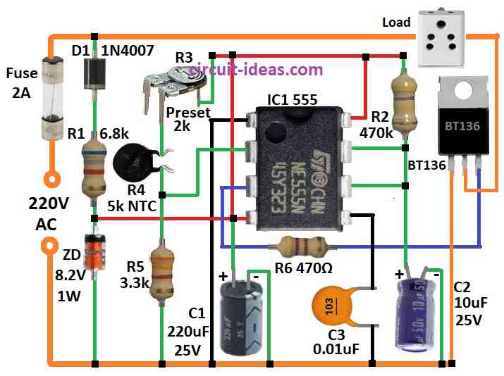 Simple 220V Temperature Controller Circuit Diagram