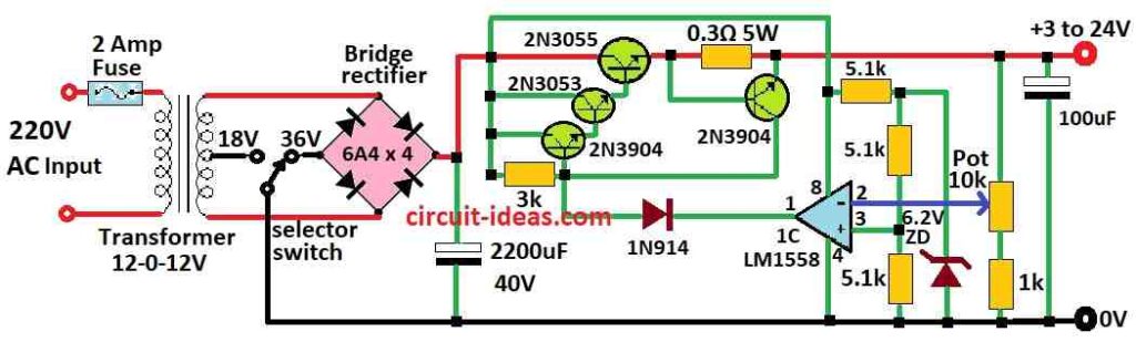 Simple 3V to 24V Variable Power Supply Circuit Diagram