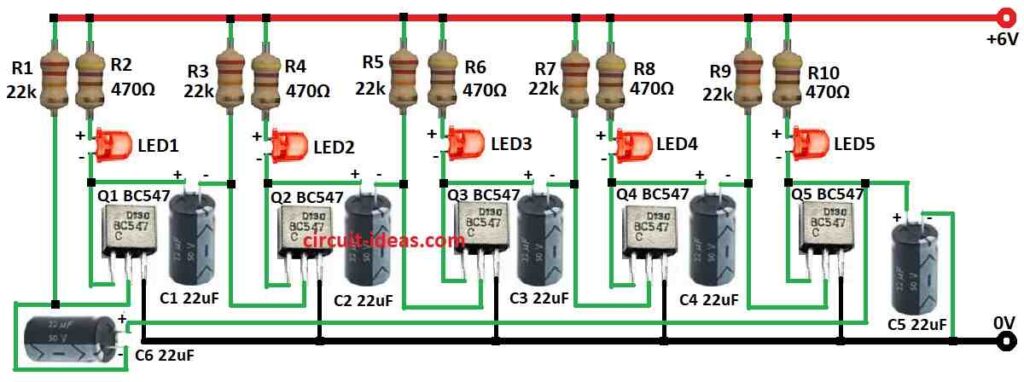 Simple LED Chaser Circuit Diagram  using Transistors