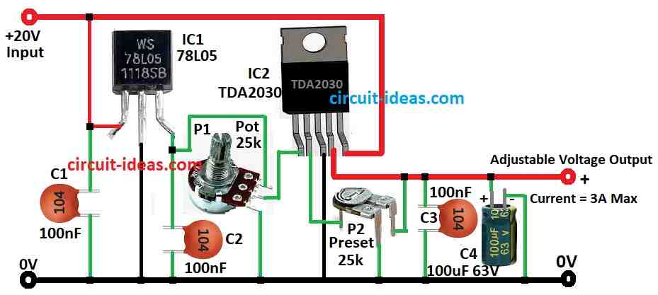 Simple Adjustable Power Supply Circuit Diagram using IC TDA2030