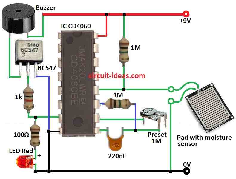 Simple Bedwetting/Wet Diaper Alert Circuit Diagram