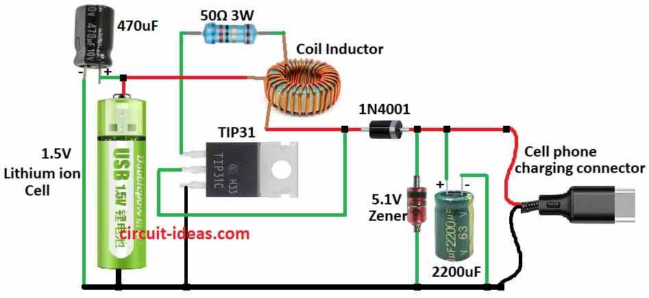 Simple Cell Phone Charger Circuit Diagram using 1.5V Battery