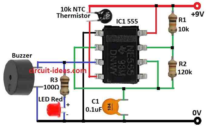 Simple High Temperature Alarm Circuit Diagram using IC 555