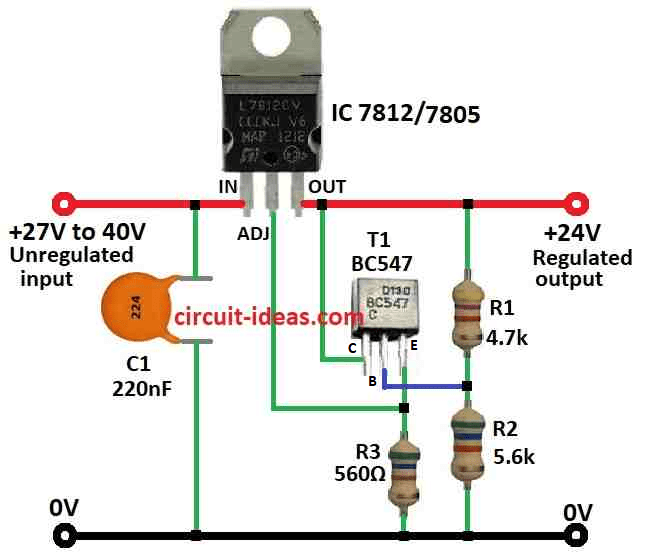 How to Increase Voltage Output of 7812,7805 ICs Circuit Diagram
