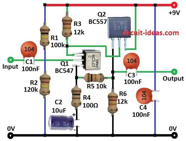 Simple Microphone Preamplifier Circuit Diagram using Two Transistors