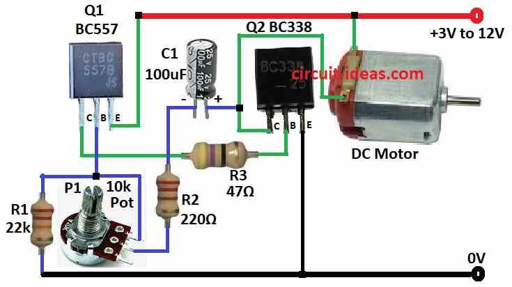 PWM Motor Speed Control Circuit Diagram using Two Transistors