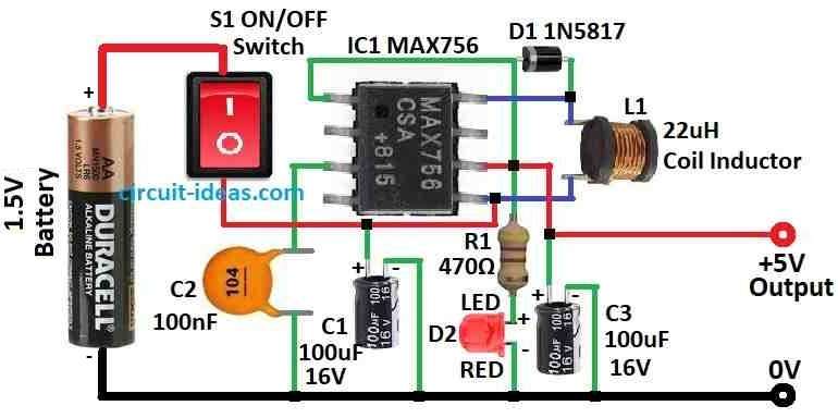 Simple 1.5V to 5V Voltage Converter using IC MAX756 Diagram