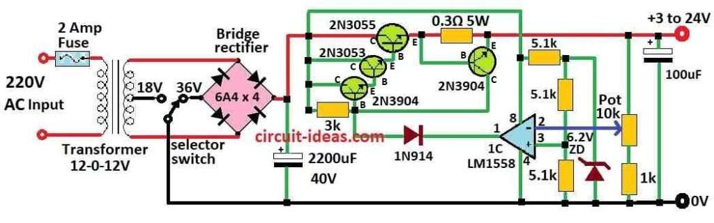 Simple 3V to 24V Variable Power Supply Circuit Diagram