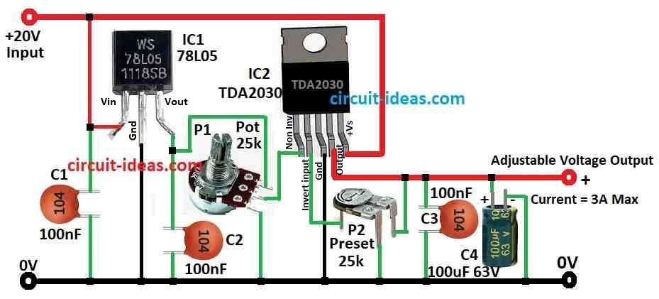 Adjustable Power Supply Circuit Diagram using IC TDA2030