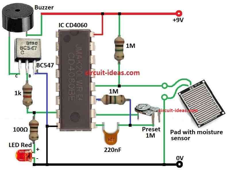 Simple Bedwetting/Wet Diaper Alert Circuit Diagram