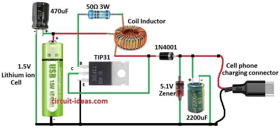 Simple Cell Phone Charger Circuit Diagram using 1.5V Battery