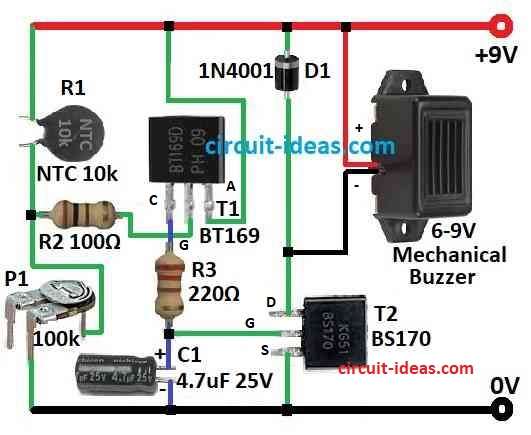 Simple Freezer Alarm with Buzzer Circuit Diagram