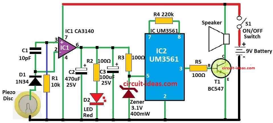 Simple Heat Sensor Circuit Diagram using Piezo Transducer