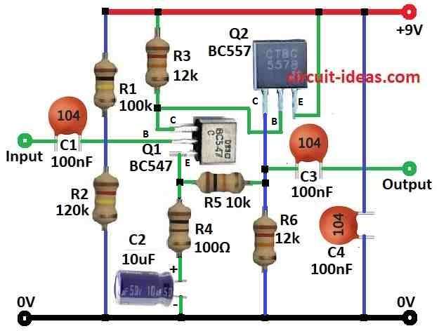 Microphone Preamplifier Circuit Diagram using Two Transistors
