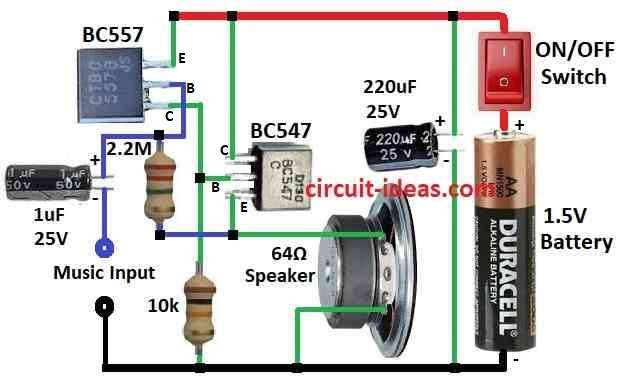 Simple Two Transistors Amplifier Circuit Diagram using 1.5V Battery