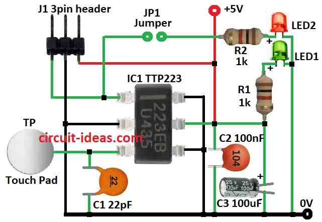 Simple Capacitive Touch Switch Circuit Diagram using IC TTP223