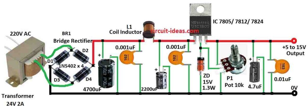 Simple Variable Power Supply Circuit Diagram using 7805 or 7812 ICs