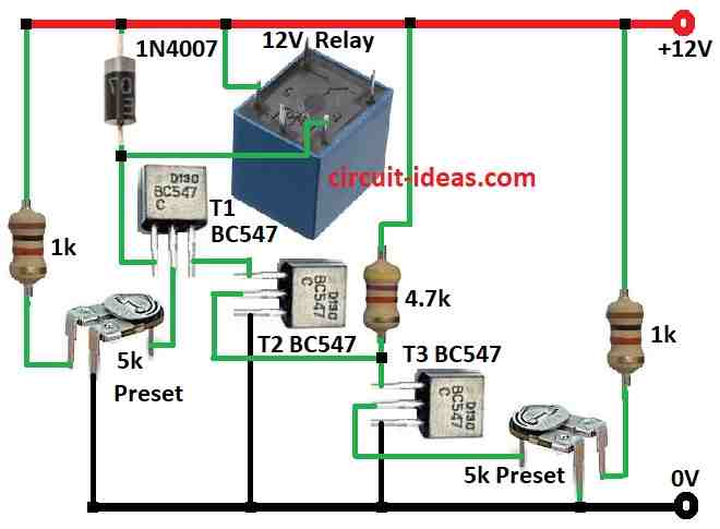 Simple DC High Low Voltage Cut Off Circuit Diagram