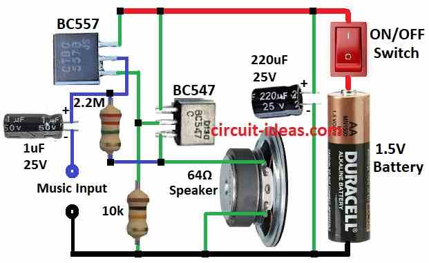 Simplest Two Transistors Amplifier Circuit using 1.5V Battery - Circuit ...