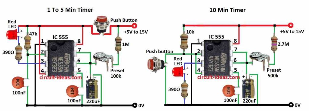 555 ASTABLE OSCILLATORS Diagram from 1 to 5 min timer and 10 min timer