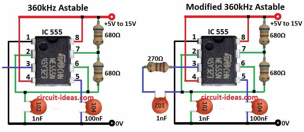 555 ASTABLE OSCILLATORS Diagram from 360kHz and modified 360kHz