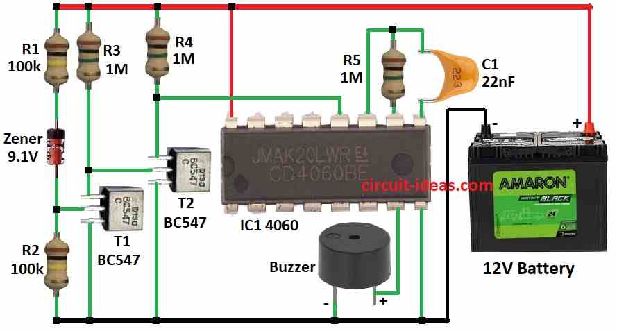 Simple Low Battery Indicator with Buzzer Circuit Diagram