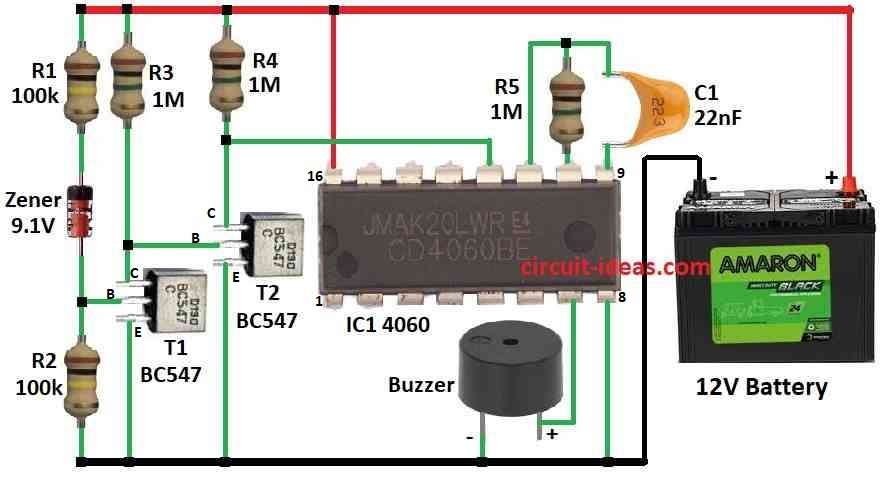 Low Battery Indicator with Buzzer Circuit Diagram