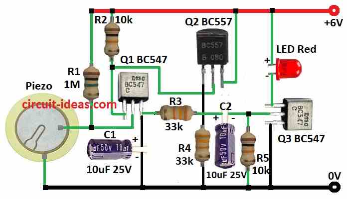 Sound to Light Converter Circuit Diagram using Piezo: