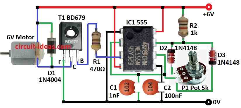 Simple Motor PWM Speed Controller Circuit Diagram using IC 555