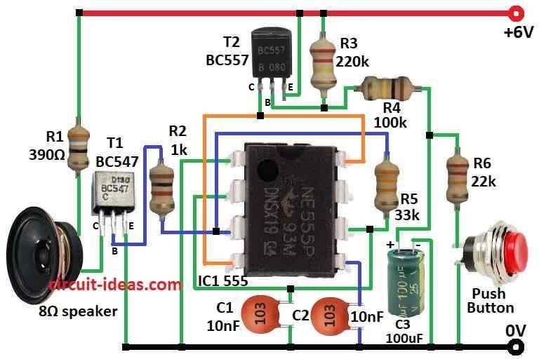 Wailing Siren Circuit Diagram using IC 555