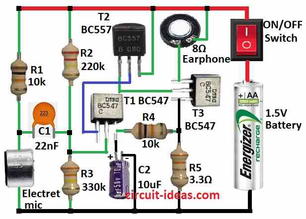 Simple Hearing Aid Circuit Diagram using 1.5V Battery