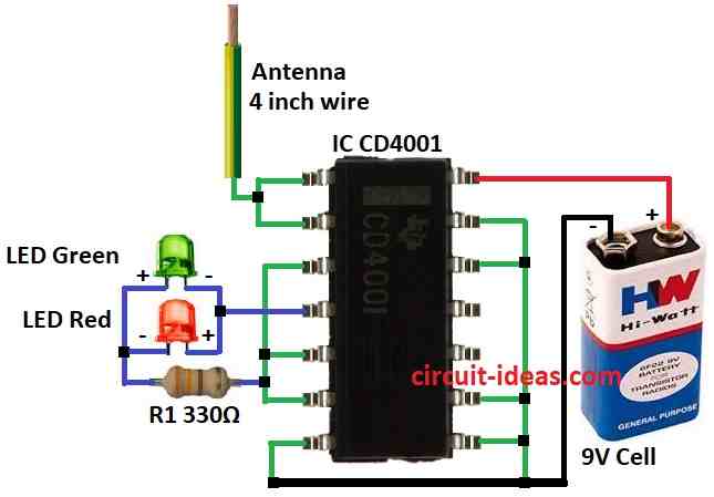 Simple Mains Phase Detector Circuit Diagram using CMOS ICs